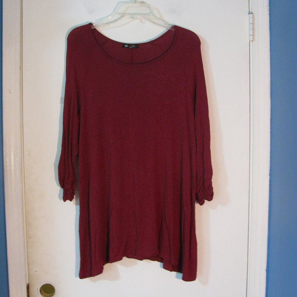 * Vison Tunic Top Large Deep Red Long Sleeve Rouching SharkBite Hem